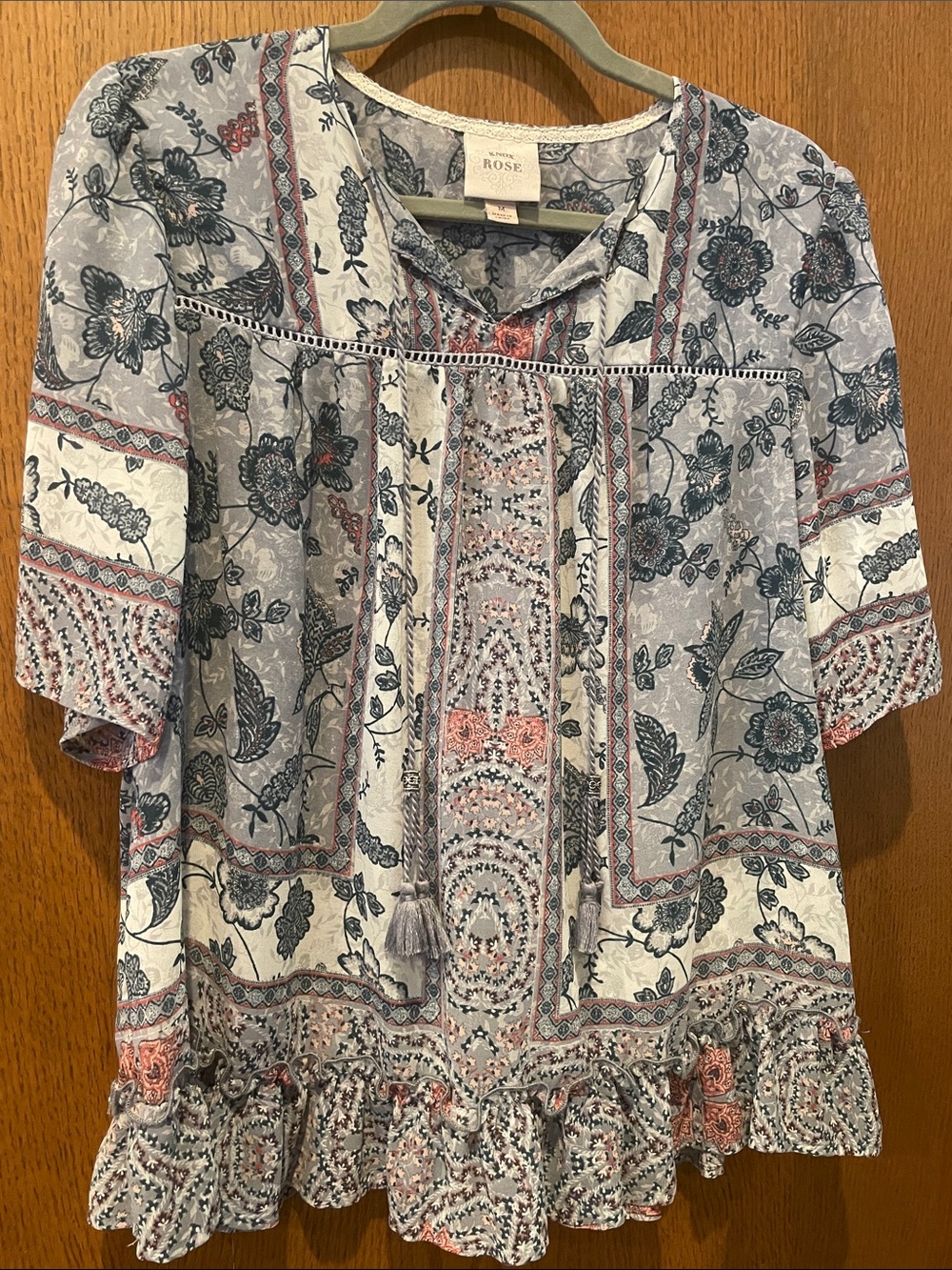 Knox Rose Floral Patchwork Blouse in Blue, White, Rust M51 - Picture 10 of 11